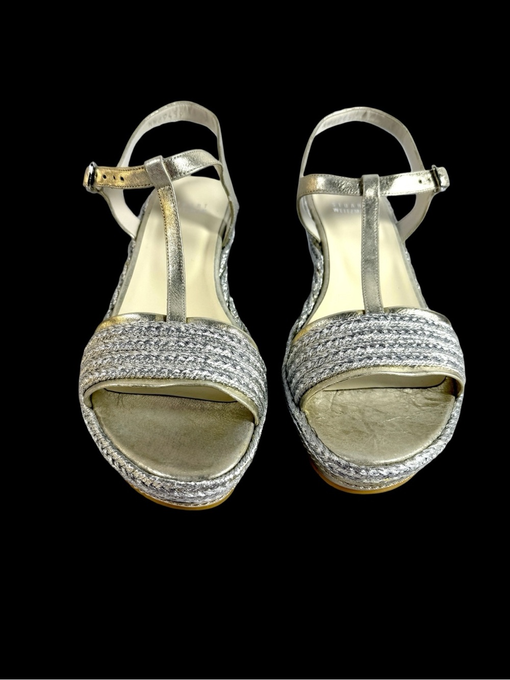 Stuart Weitzman Silver Metallic T-Strap Platform Wedge Sandals